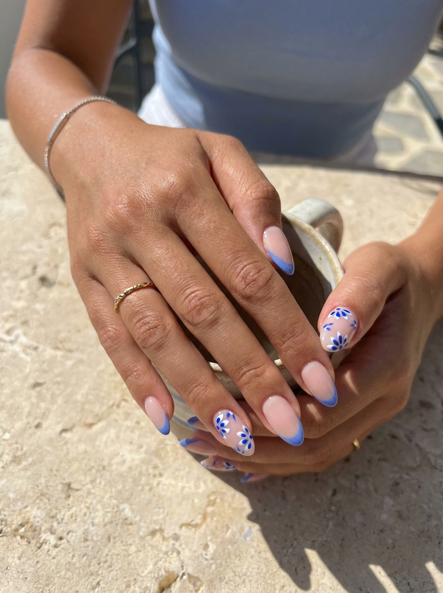 Weiß-blaue Blumen Nägel mit kleinen mediterranen Blüten